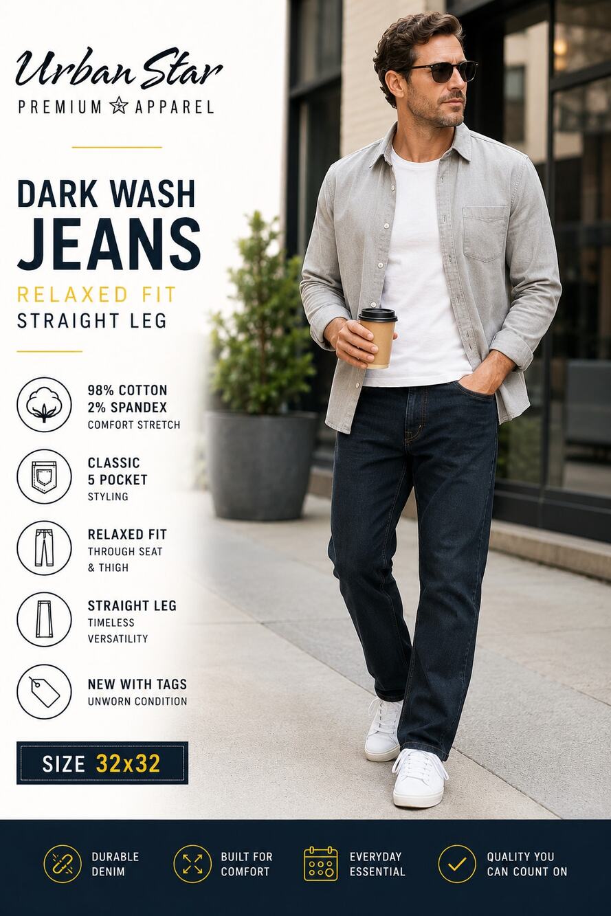 Urban Star Men’s Jeans 32x32 NWT Dark Wash Relaxed Fit Straight Leg Stretch